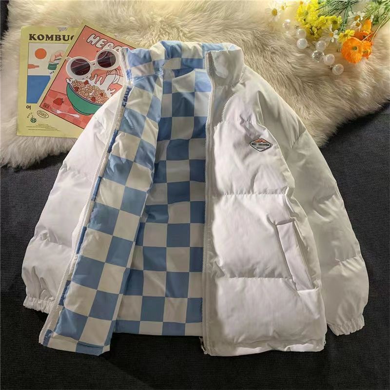 Áo khoác phao unisex 2 mặt đều mặc được, bên ngoài trơn basic bên trong hoạ tiết bàn cờ