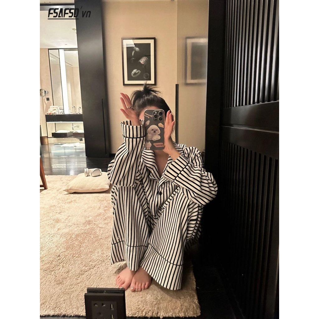 Bộ Đồ Ngủ Tay Dài Họa Tiết Kẻ Sọc Đơn Giản Phong Cách Nhật Bản Thời Trang Xuân Thu Mới Cho Nữ
