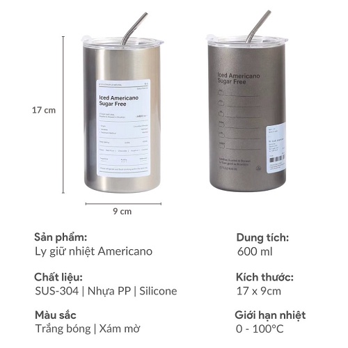Cốc Giữ Nhiệt Inox 304 Iced Americano 600Ml Cách Nhiệt An Toàn Tiện Lợi PNQ Store
