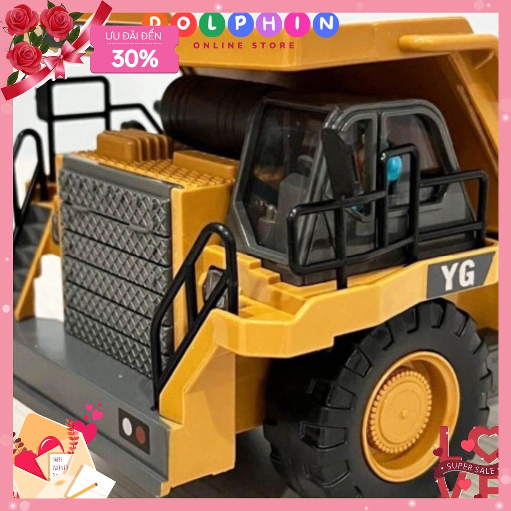Xe Ben như thật có điều khiển 9 kênh có tiếng máy nổ, đèn pha, thùng sắt có điều khiển nâng hạ thùng cho trẻ