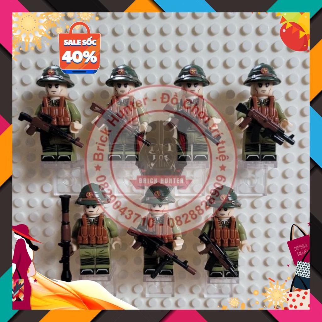 Viet Nam people army combo 1 tiểu đội 7 minifigures mô hình lính bộ đội cụ Hồ trang bị AK -tặng kèm xe