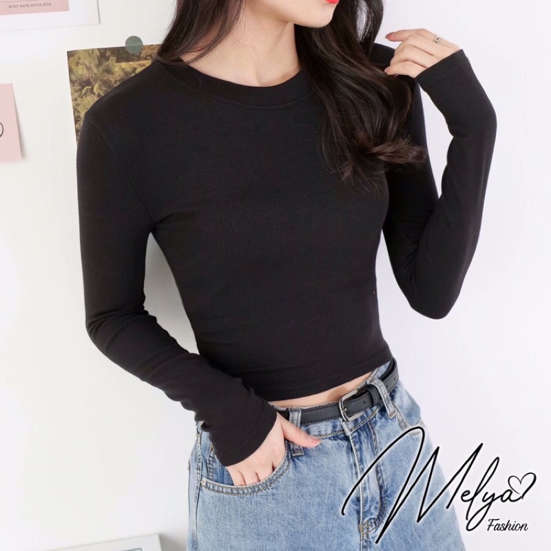 Áo Thun Nữ CRopTop Dài Tay Melya Cổ Tròn Cotton Borip Co Giãn Đơn Giản Basic Trẻ Trung Năng Động