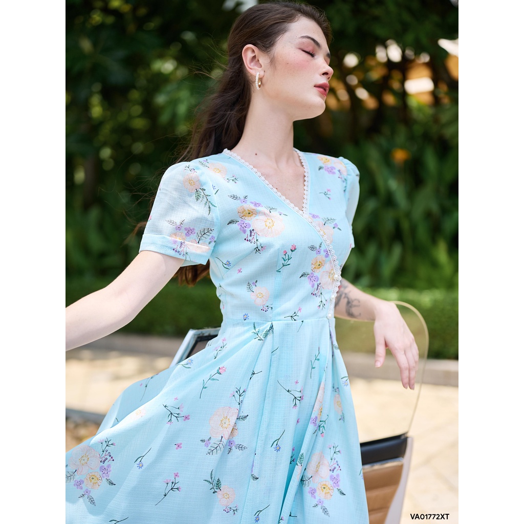 Váy hoa xanh phối ren 1VA01772XT Lep'