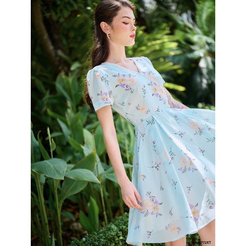 Váy hoa xanh phối ren 1VA01772XT Lep'