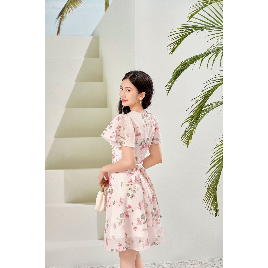 Váy Hoa Hồng wrap buộc nơ, thiết kế chiết eo, tôn dáng thanh lịch 4VA640HO Lep'