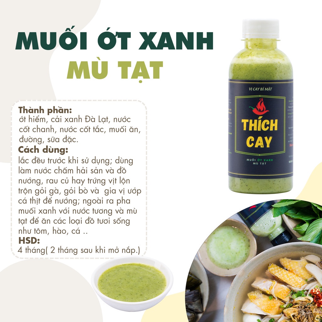 Nước chấm xanh Thích Cay, hải sản mù tạt, ớt xanh, tương chấm cay nòng, ăn lẩu