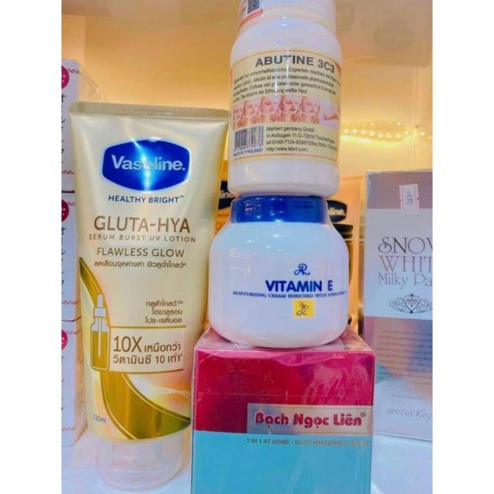COMBO 4 MÓN Trắng cấp tốc. Kem body bạch ngọc liên + vaseline x10 +abutine +dưỡng vitamin e - COCO.cosmetics