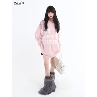 Áo sweater dệt kim chui đầu cổ tròn tay dài in chữ cá tính cho các cặp đôi