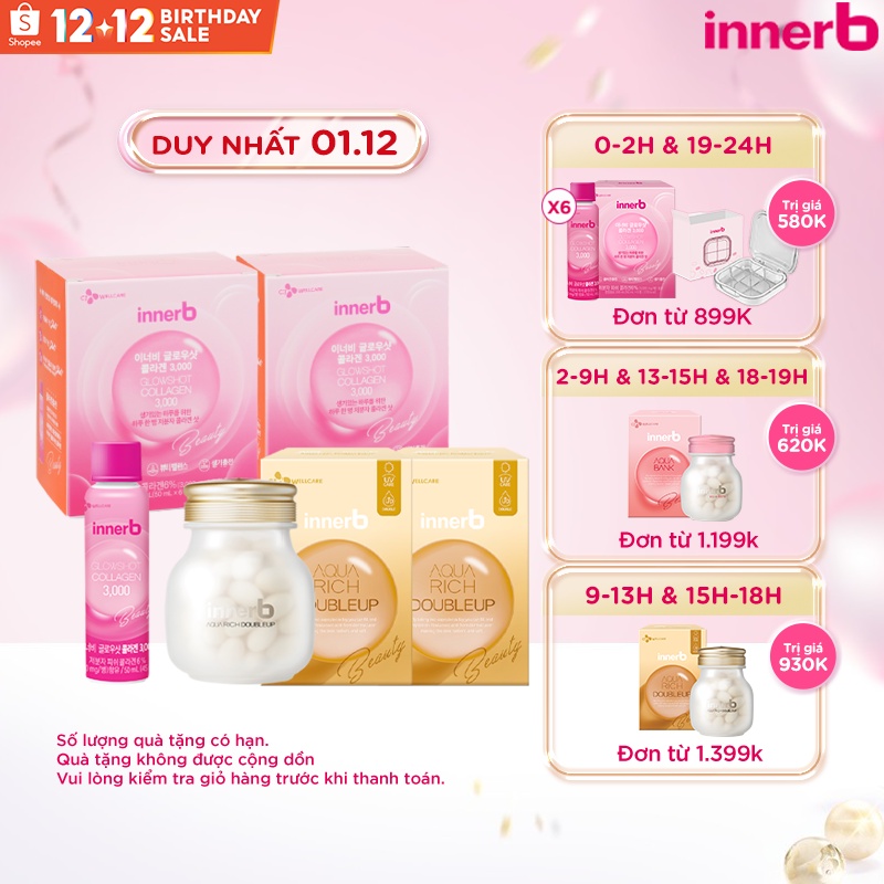 Combo 02 Hộp 6 chai nước uống Collagen Vitamin C sáng da InnerB Glowshot và 02 Thực phẩm bảo vệ sức khỏe INNERB AQUA