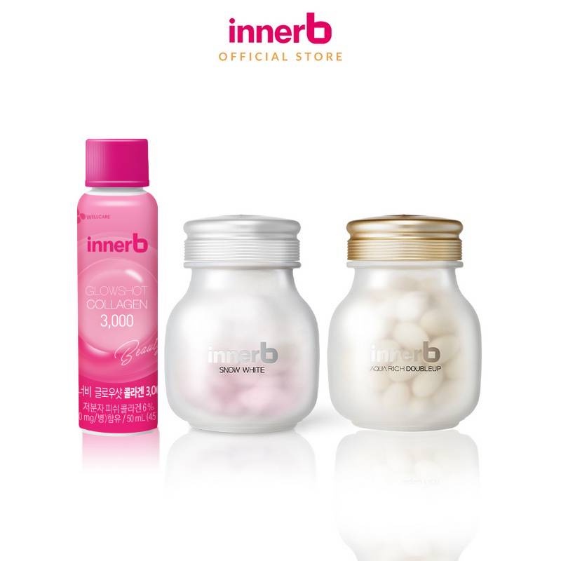 Combo thực phẩm bảo vệ sức khỏe InnerB Aqua Rich Doubleup + Innerb Snow White & 4 hộp 6 chai nước uống InnerB Glowshot