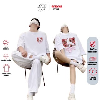 Áo phông cặp đôi dành cho nam nữ SMALL THINGS  áo thun đôi tay lỡ cổ tròn màu trắng in hình hoa Navie