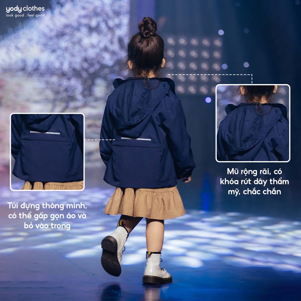 Áo gió trẻ em YODY chất liệu vải gió chống thấm nước gấp gọn có lót lưới có mũ tháo rời linh hoạt AKK5021