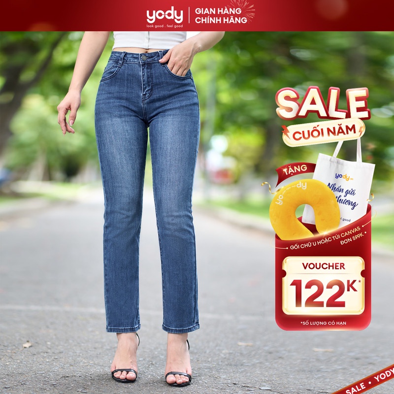Quần jeans nữ YODY ống đứng, lưng cao tôn dáng, vải coolmax co giãn 4 chiều QJN5078
