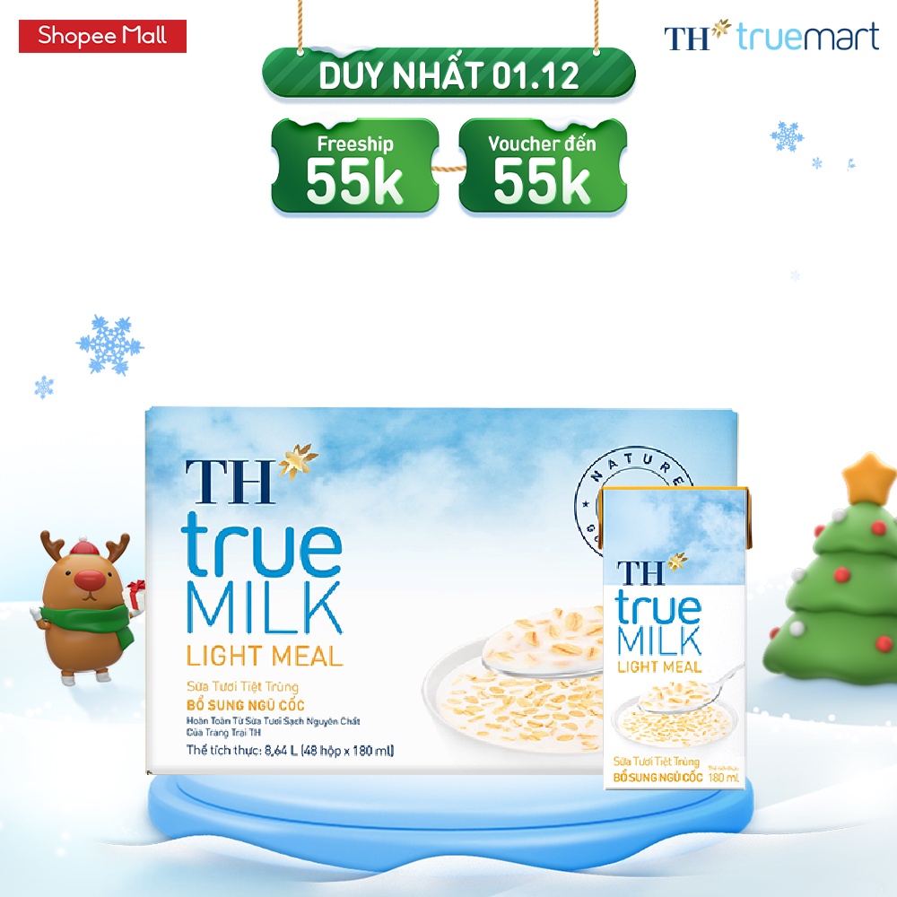 Thùng 48 hộp sữa tươi tiệt trùng TH True Milk Light Meal bổ sung ngũ cốc 180ml (180ml x 48)