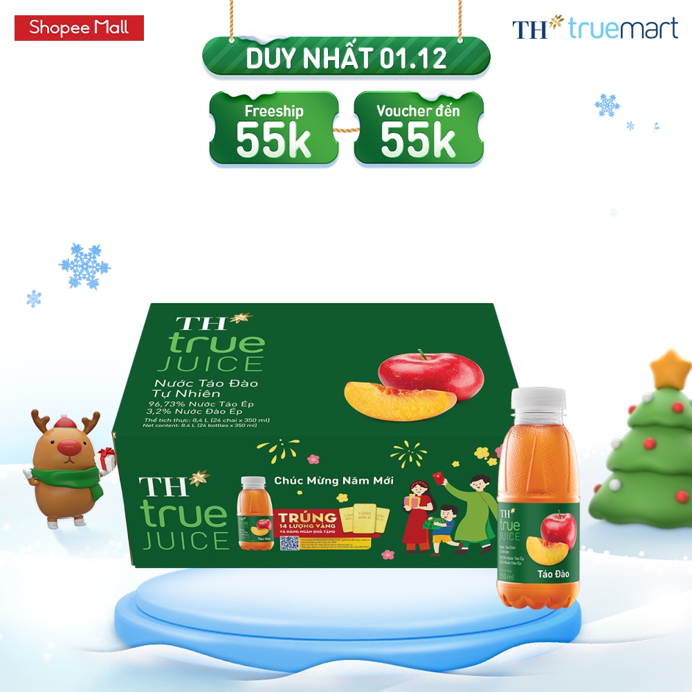 Thùng 24 chai nước táo đào tự nhiên TH True Juice 350ml (350ml x 24)