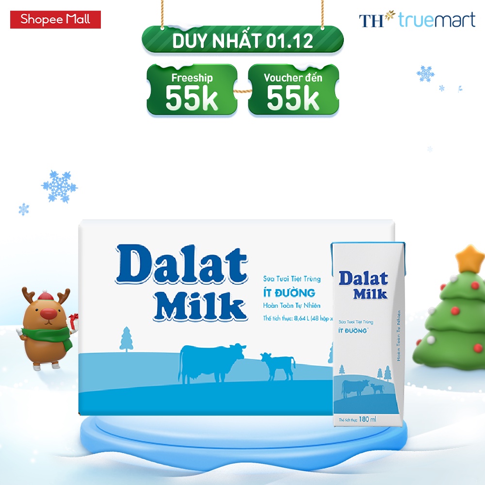 Thùng 48 hộp sữa tươi tiệt trùng ít đường Dalatmilk 180ml (180ml x 48)