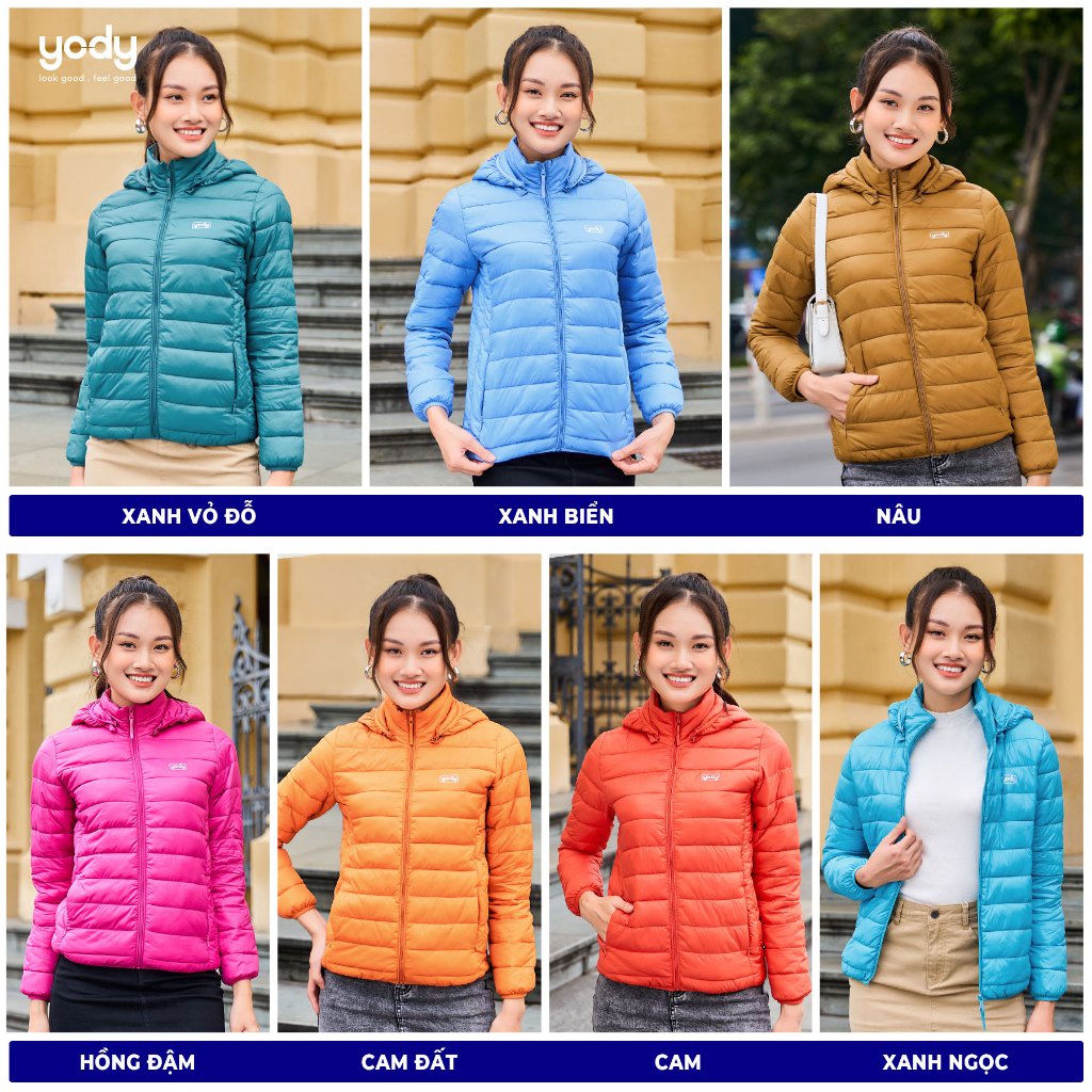 Áo khoác phao nữ YODY dáng ngắn có mũ giữ nhiệt siêu nhẹ, chống nước PHN5000