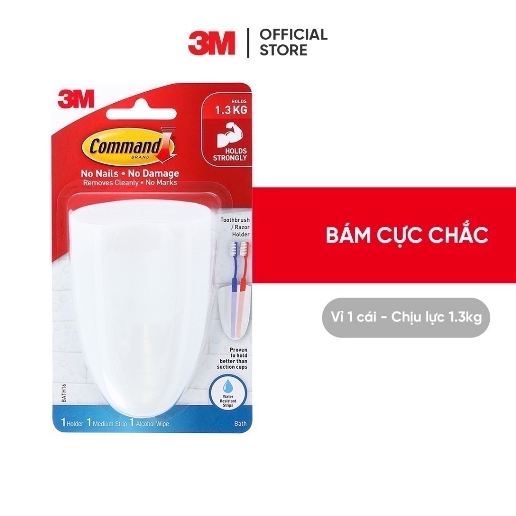 Khay đựng bàn chải đánh răng Command 3M chịu lực 1.3kg - Độ bền cao, bám cực chắc, tháo cực dễ, chống thấm nước BATH16