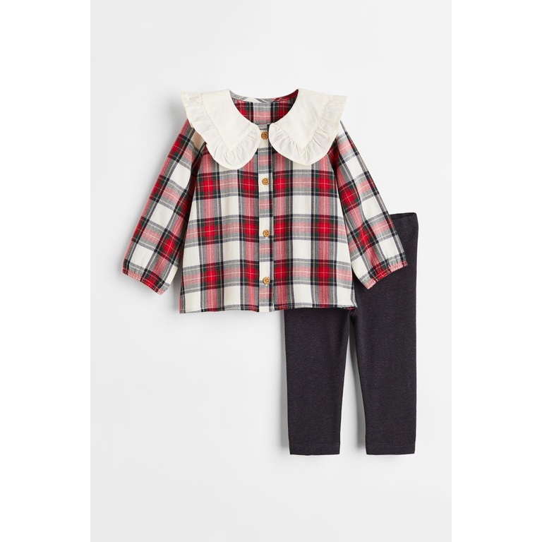 Set quần áo caro đỏ áo cổ sen HM H&M_hàng chính hãng authentic