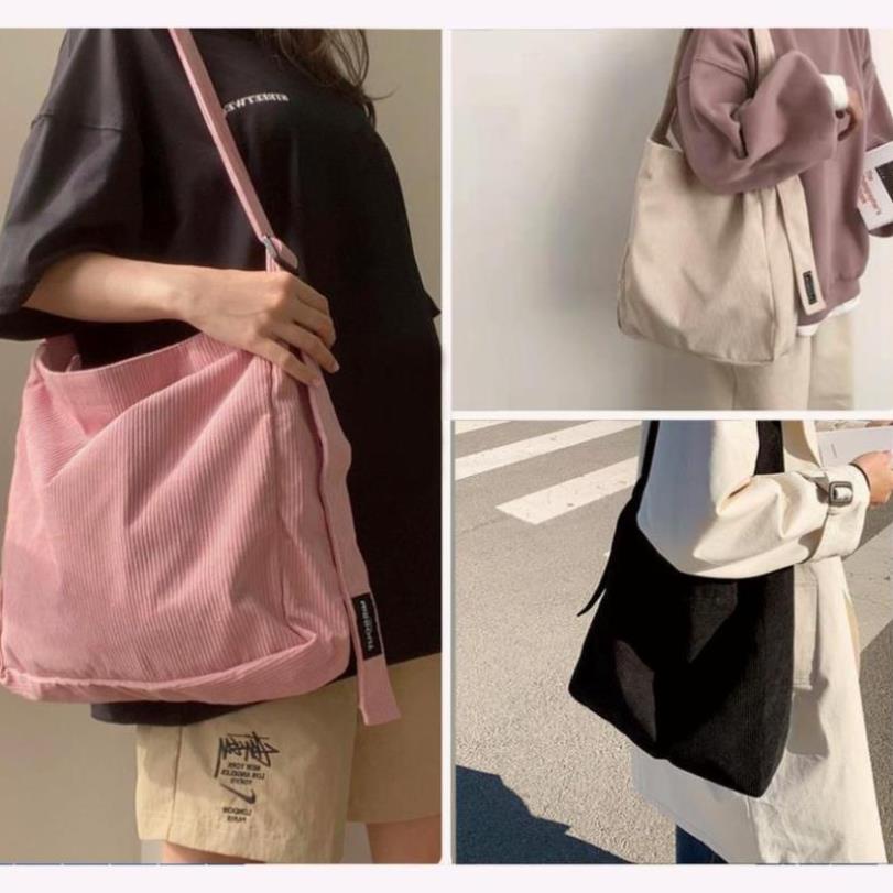 Túi đeo chéo, Túi tote vải nhung tăm sọc gân nam nữ unisex đi học đi chơi đựng sách A4, laptop 14inch TX101