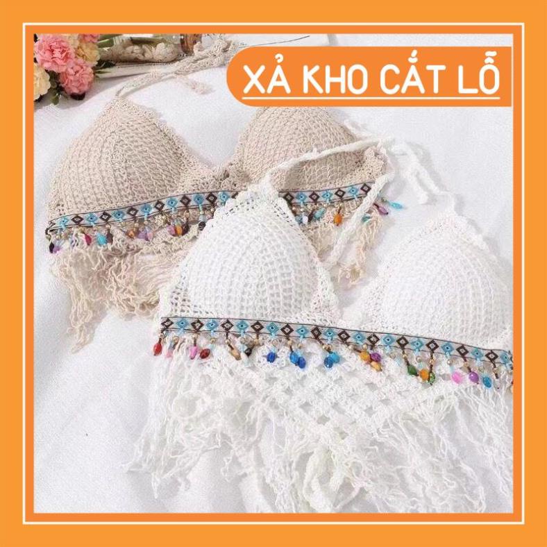 Set Bikini Đi Biển Len Móc Áo Bra Đính Hạt Thổ Cẩm Bộ Bơi Nữ 3 Chi Tiết Có Bán Rời Hottrend Mùa Hè 2023