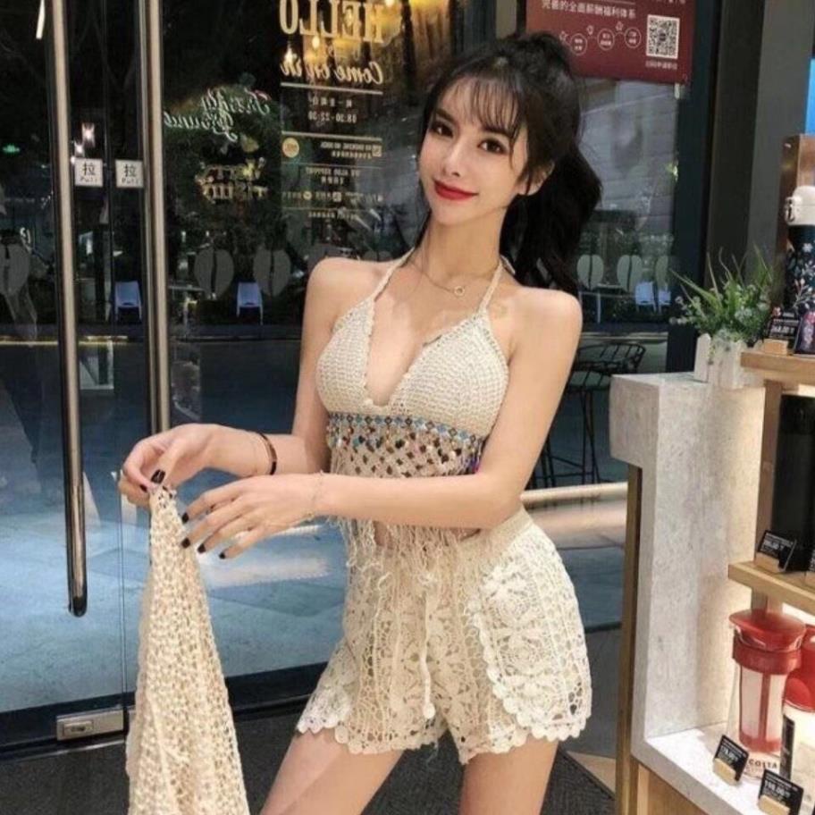 Set Bikini Đi Biển Len Móc Áo Bra Đính Hạt Thổ Cẩm Bộ Bơi Nữ 3 Chi Tiết Có Bán Rời Hottrend Mùa Hè 2023