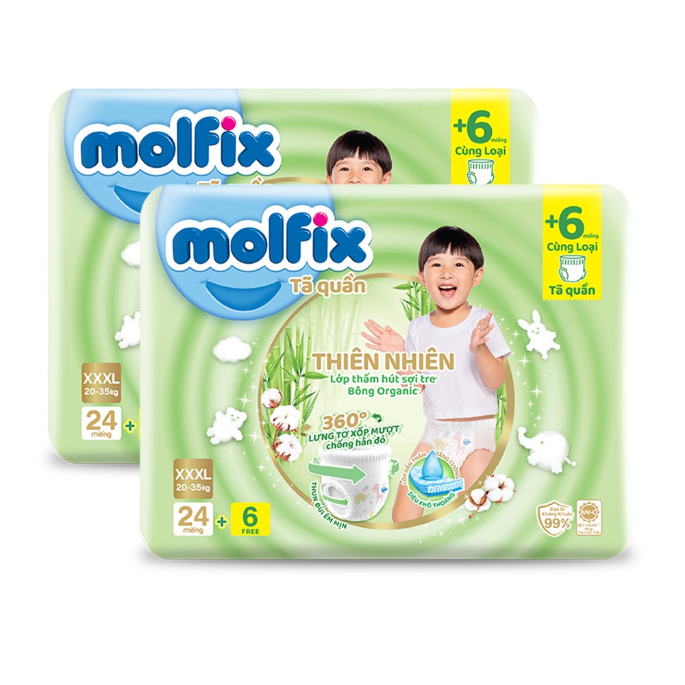 Combo 2 Tã/bỉm quần MOLFIX Thiên nhiên Jumbo XXXL (20kg - 35kg) - 2 Gói 60 miếng