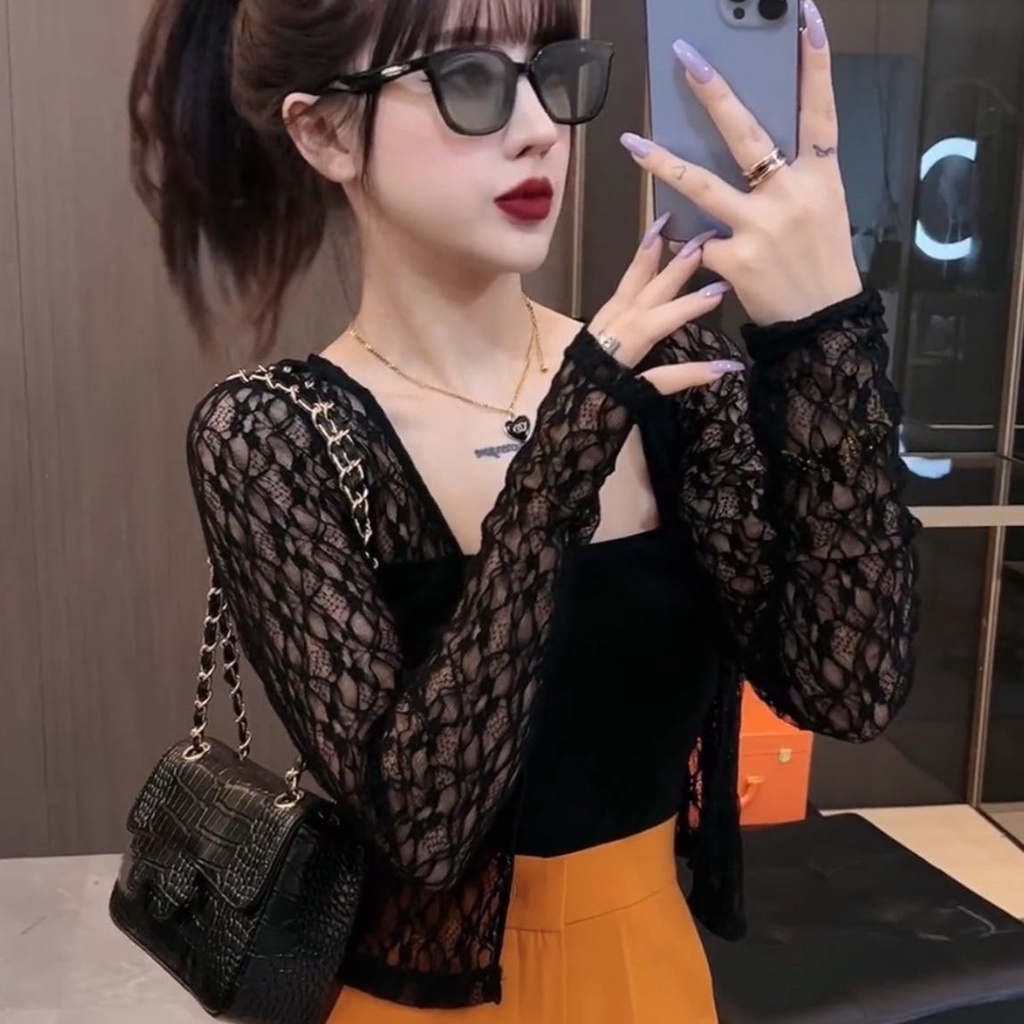 Đen Áo Khoác cardigan Ren Mỏng Tay Dài Chống Nắng Phong Cách Pháp Thời Trang Mùa Hè Cho Nữ