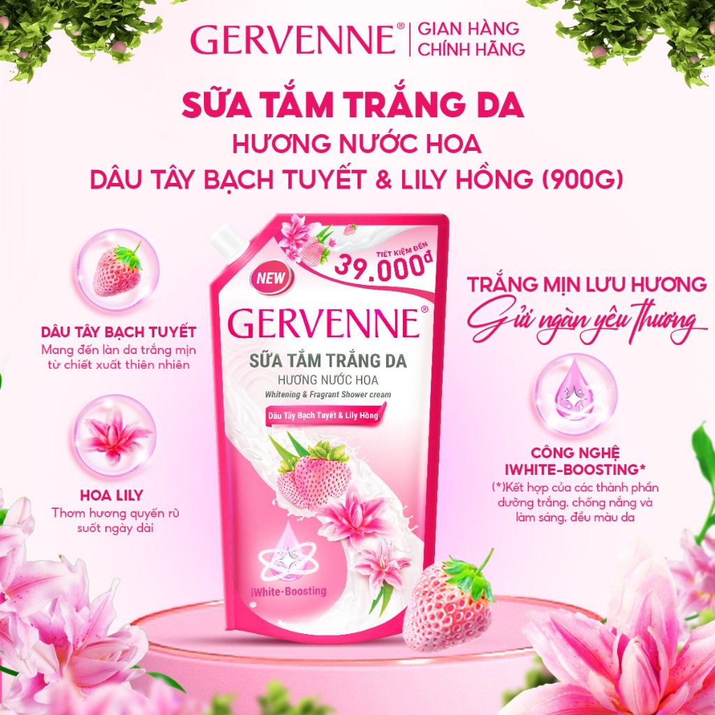 [MỚI] Túi sữa tắm trắng da hương nước hoa Gervenne Dâu Tây Bạch Tuyết và Lily Hồng 900g