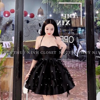 Đầm váy dự tiệc tafta đính ngọc lông vũ trễ vai cổ yếm tay bồng đen xoè xếp ly tùng rộng dự tiệc đi đám cưới cao cấp