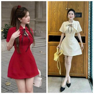 Đầm thời trang nữ mặc đi chơi Tết chất xốp lendi cổ sơ mi cột dây dập ly ngực có mút tay ngắn váy chữ A mini