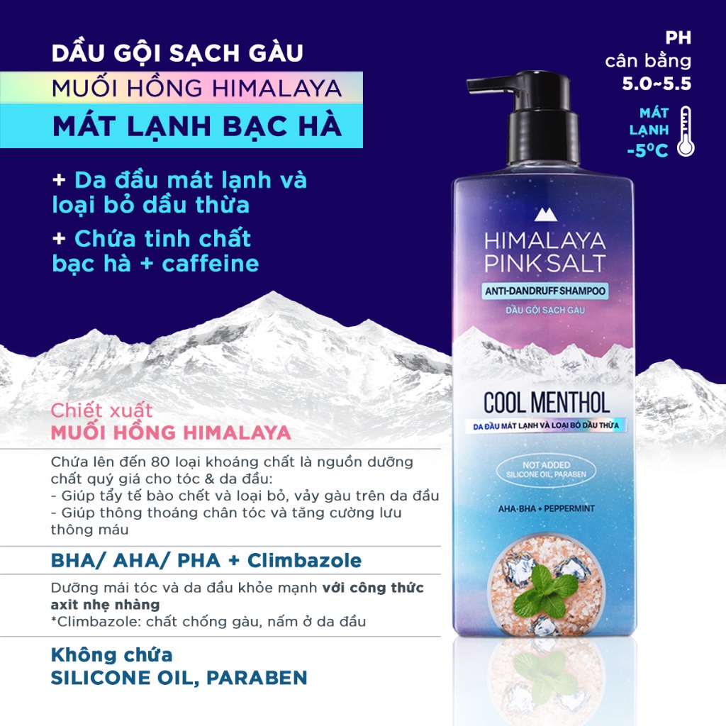 Dầu gội sạch gàu muối hồng Ngăn Ngừa Gàu, Giảm Ngứa Himalaya Pink Salt mát lạnh bạc hà 650ml