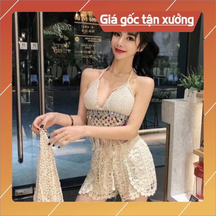 Set Bikini Đi Biển Len Móc Áo Bra Đính Hạt Thổ Cẩm Bộ Bơi Nữ 3 Chi Tiết Có Bán Rời Hottrend Mùa Hè 2023 d