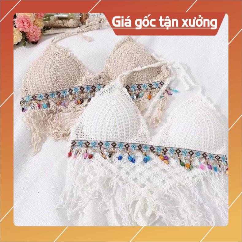 Set Bikini Đi Biển Len Móc Áo Bra Đính Hạt Thổ Cẩm Bộ Bơi Nữ 3 Chi Tiết Có Bán Rời Hottrend Mùa Hè 2023 d