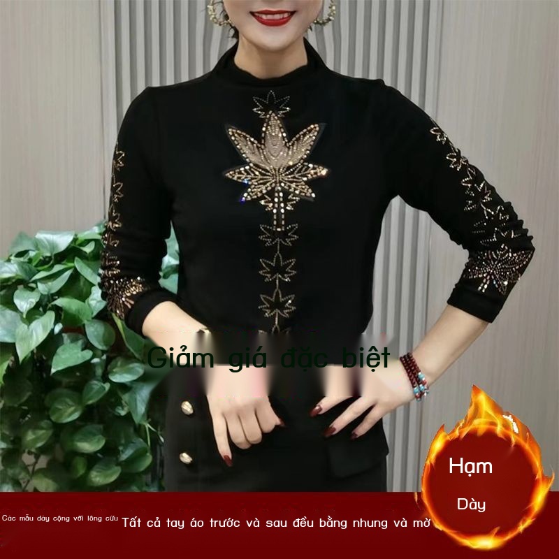Áo Thun Tay Dài Cổ Cao Ôm Dáng Đính Kim Cương Giả Thời Trang Mùa Đông Kiểu Châu Âu Cho Nữ