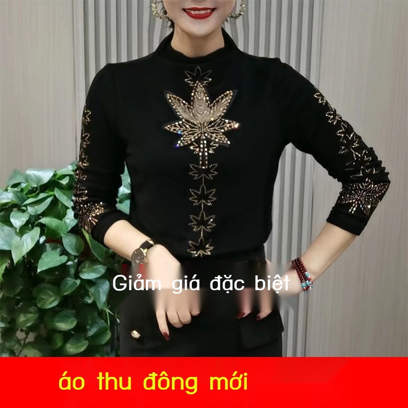 Áo Thun Tay Dài Cổ Cao Ôm Dáng Đính Kim Cương Giả Thời Trang Mùa Đông Kiểu Châu Âu Cho Nữ