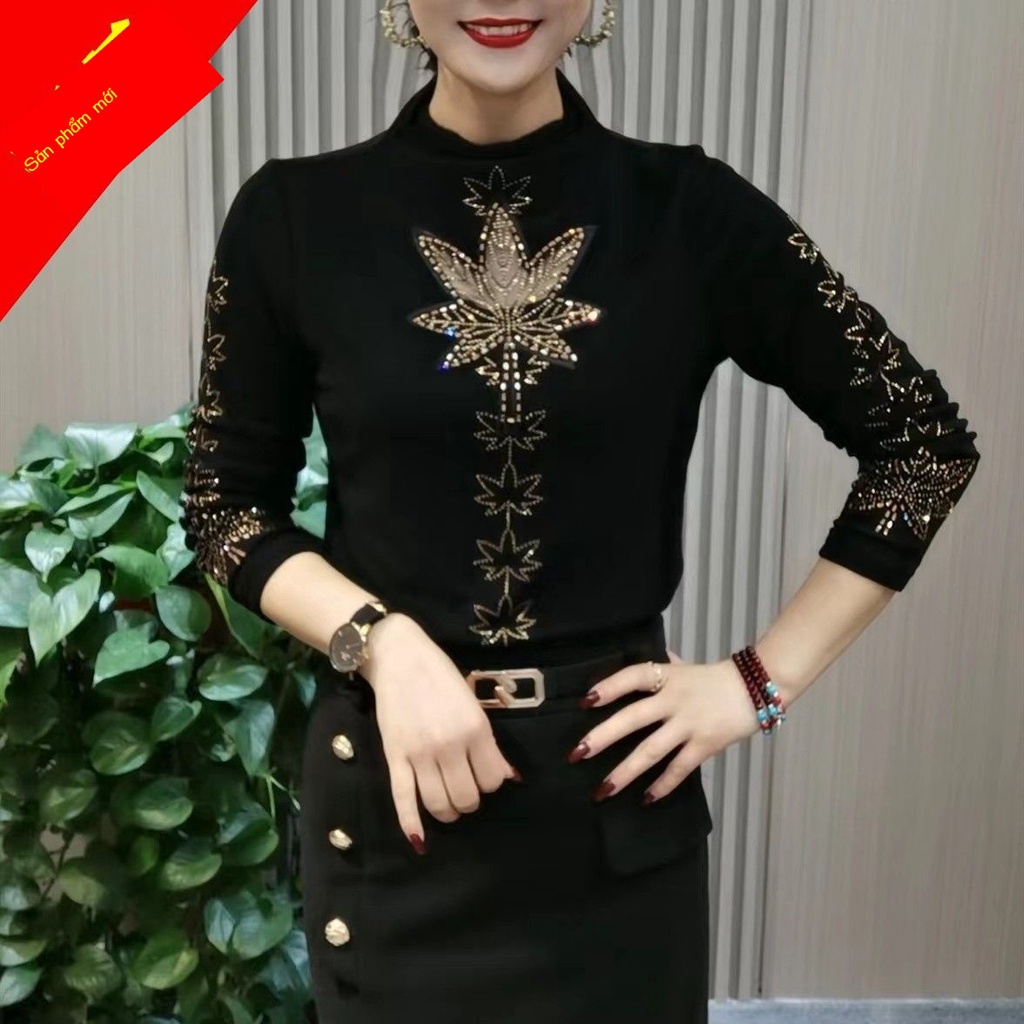 Áo Thun Tay Dài Cổ Cao Ôm Dáng Đính Kim Cương Giả Thời Trang Mùa Đông Kiểu Châu Âu Cho Nữ