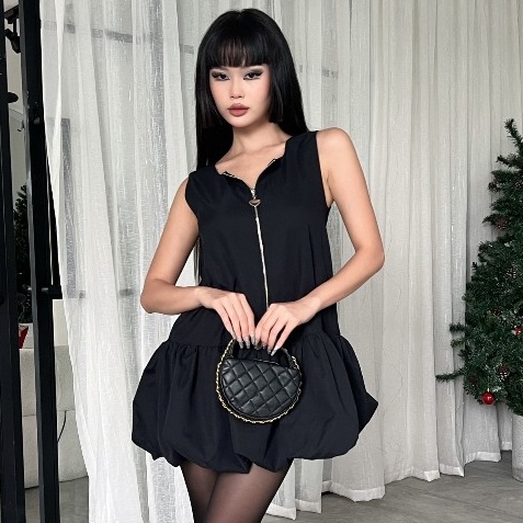 CARA Đầm ngắn dáng bí nữ Monis sát nách có dây kéo phía trước cá tính
