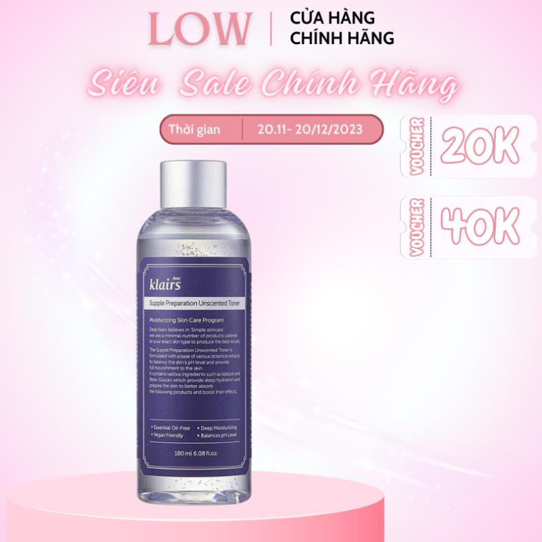 Nước Hoa Hồng Không Mùi Dưỡng Ẩm Da Và Làm Mềm Da Dear Klairs Supple Preparation Unscented Toner 180ml