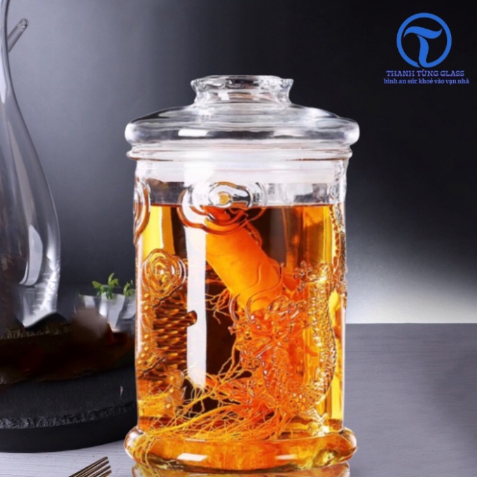 Bình ngâm rượu thủy tinh 5 lít dáng trụ hoa văn rồng  &