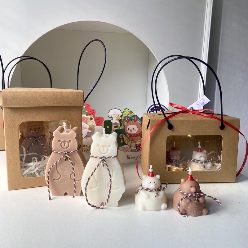 Gif box 2 sản phẩm nến thơm handmade hình gấu đội nón giáng sinh