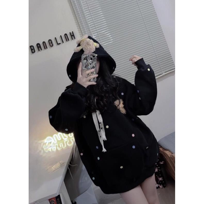 Áo Hoodie Nỉ Bông Thêu Chữ 13DE Kèm Gấu Siêu Dễ Thương🍀Áo Nỉ Họa Tiết Chấm Bi Hit Hot