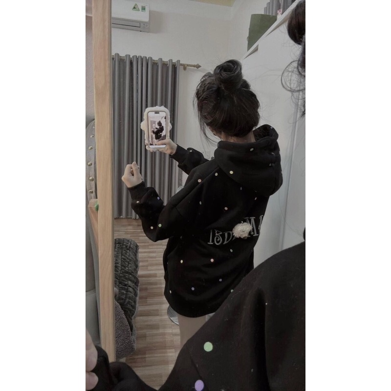 Áo Hoodie Nỉ Bông Thêu Chữ 13DE Kèm Gấu Siêu Dễ Thương🍀Áo Nỉ Họa Tiết Chấm Bi Hit Hot