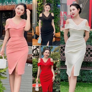 Đầm Body nẹp vai kết hạt cao cấp- TKO TẶNG HOA TAI THỜI TRANG