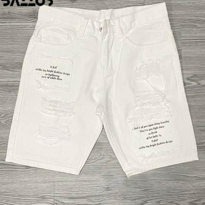 Quần short jean nam cao cấp short jean trắng đen rách phối chữ nổi cao cấp phong cách