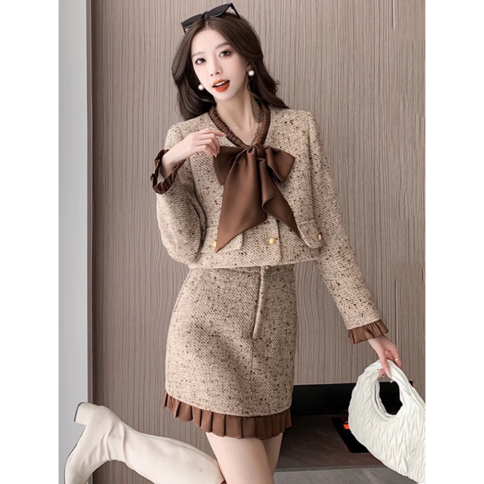 Set Dạ Tweed Cổ Kèm Nơ Chân Váy Phối Viền TYLANSTORE Phong Cách Hàn Quốc Siêu Hot - Hàng Thiết Kế Loại 1 MA86 T88