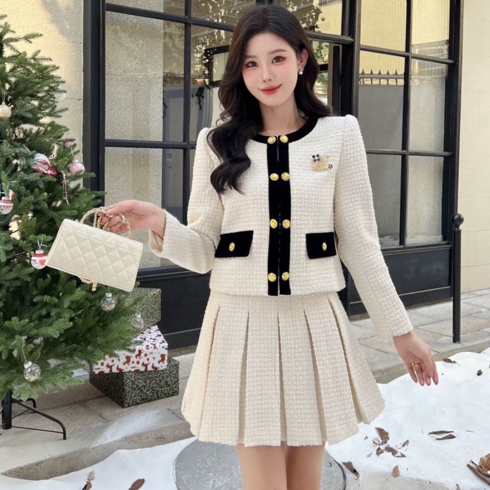 Set Dạ Tweed Viền Đen Kèm Chân Váy Xếp Ly TYLANSTORE Phong Cách Hàn Quốc Siêu Hot - Hàng Thiết Kế Loại 1 MA86 T88