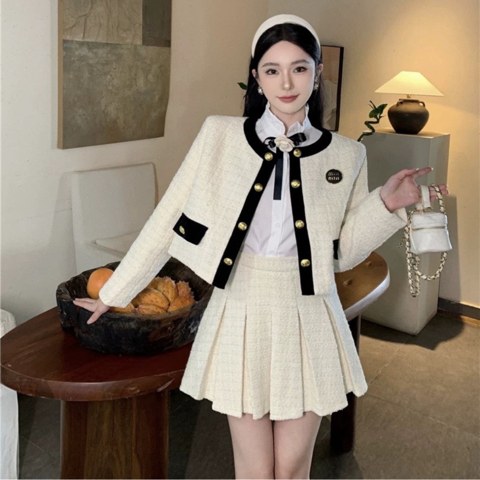 Set Dạ Tweed Viền Đen Kèm Chân Váy Xếp Ly TYLANSTORE Phong Cách Hàn Quốc Siêu Hot - Hàng Thiết Kế Loại 1 MA86 T88