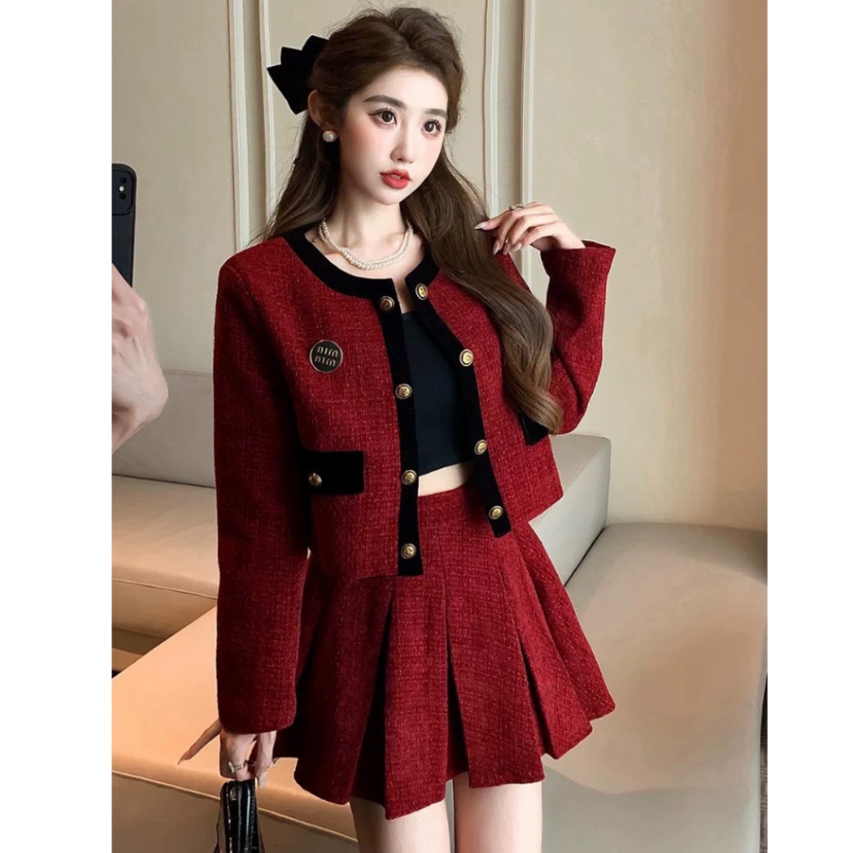 Set Dạ Tweed Viền Đen Kèm Chân Váy Xếp Ly TYLANSTORE Phong Cách Hàn Quốc Siêu Hot - Hàng Thiết Kế Loại 1 MA86 T88