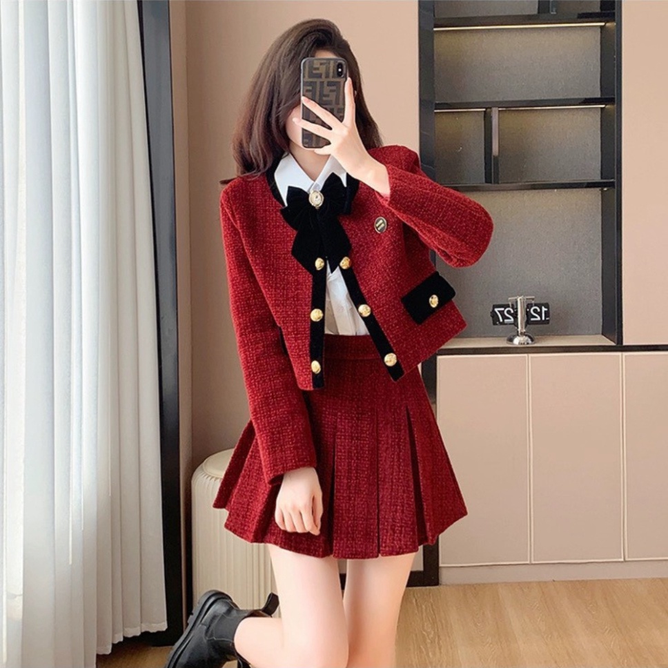 Set Dạ Tweed Viền Đen Kèm Chân Váy Xếp Ly TYLANSTORE Phong Cách Hàn Quốc Siêu Hot - Hàng Thiết Kế Loại 1 MA86 T88